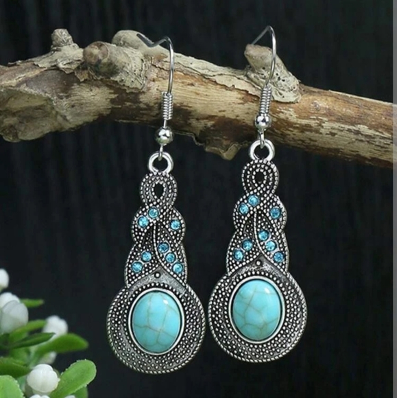 Rhinstone Jewelry - Blue Rhinestone Inlaid Turquoise Drop Earrings Original Design